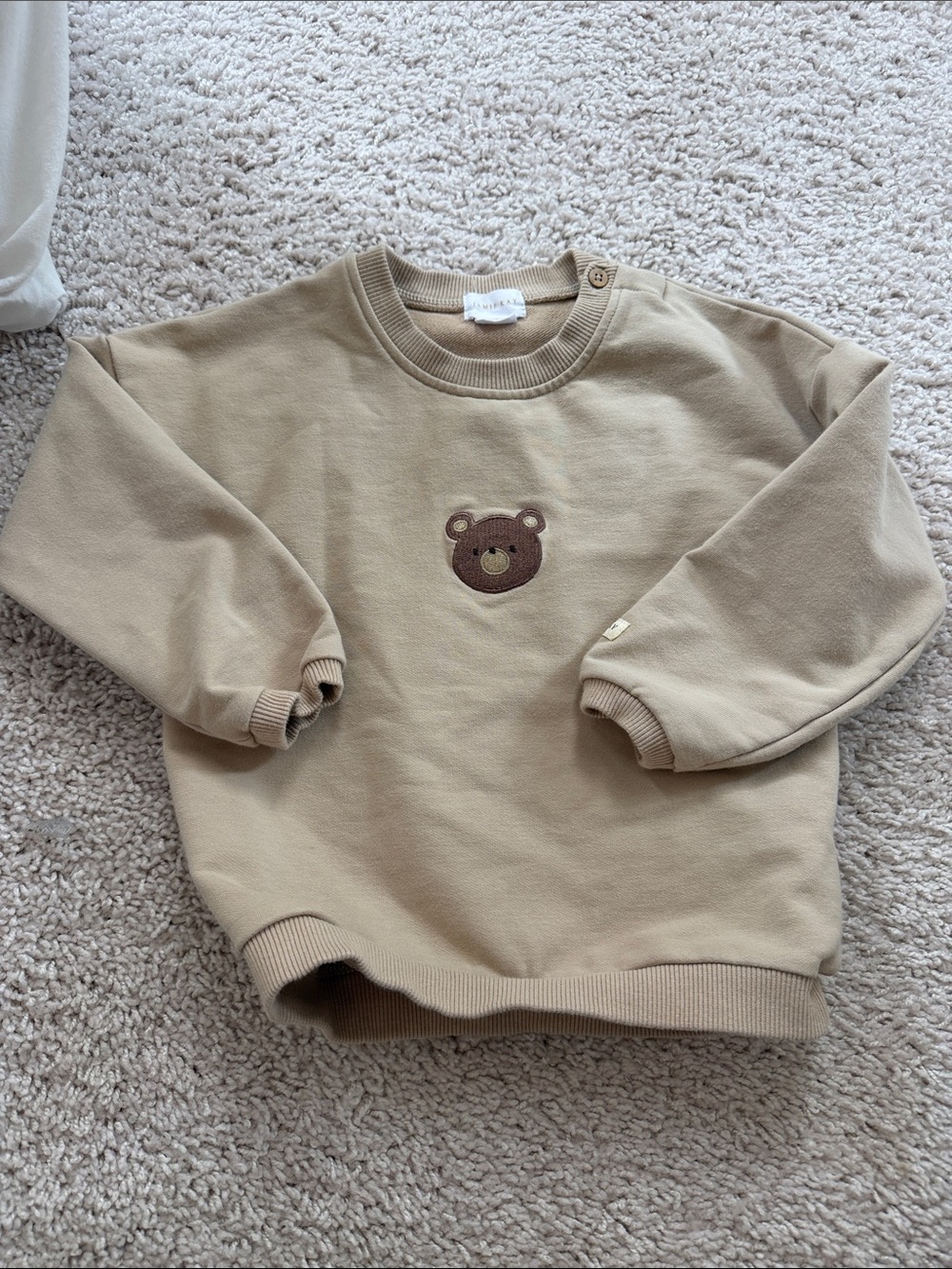 Jamie Kay Tan Sweatshirt with Brown Bear Appliqué